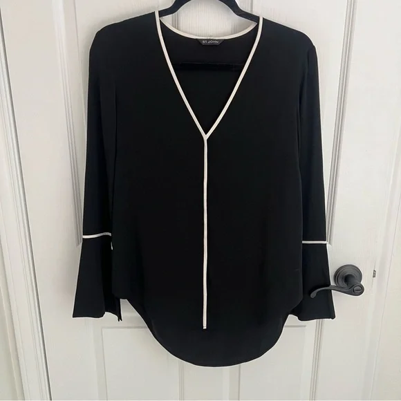 St. John Black Blouse with Creamy White Piping and Bell slit Sleeve Size Small - Picture 7 of 12
